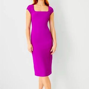Ann Taylor Petite Square Neck Cap Sleeve Sheath Midi Dress 10P Vibrant Magenta